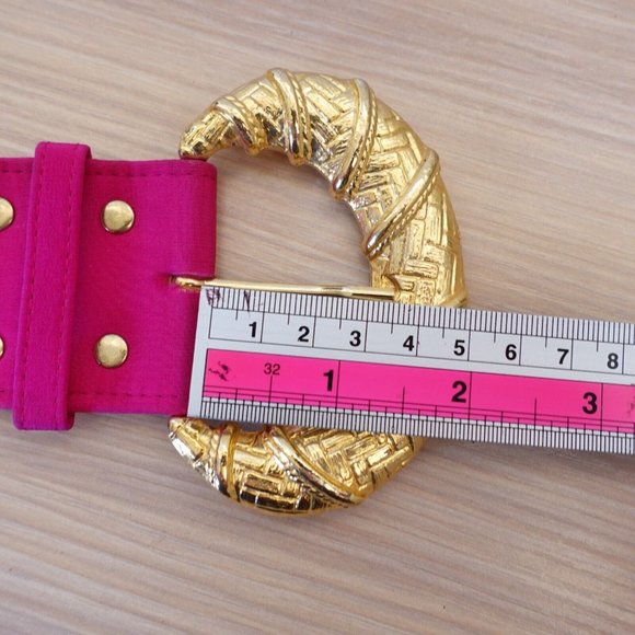 VINTAGE‎ Belt Womens XS Pink Fabric Cinch Waist Fashion Chunky Gold Buckle Y2K - Picture 9 of 11